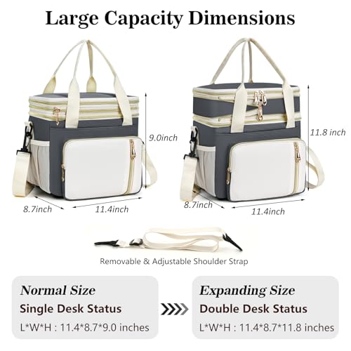 Lunch Box & Lunch Bag for Women Men, Large Insulated Adult Lunch Box Leakproof Lunchbox Cooler Bag for Work Picnic Beach,16L, Grey & White - color: Gray & White