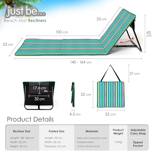 just be... Beach Sun Mat Folding Lightweight Portable Adjustable Sunbathing Recliner with Backrest Support and Valuables Pocket for Holidays Garden Camping Park Festivals - Dark Multicolour Stripes - color: Dark Multicolour Stripes