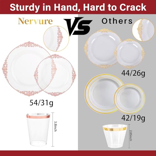 Nervure 350PCS Rose Gold Plastic Plates - Rose Gold Plastic Dinnerware Sets for 50 Guests - 100 Disposable Plates, 150 Silverware, 50 Cups, 50 Napkins Perfect for Wedding & Party & Mothers Day - color: White and Rose Gold