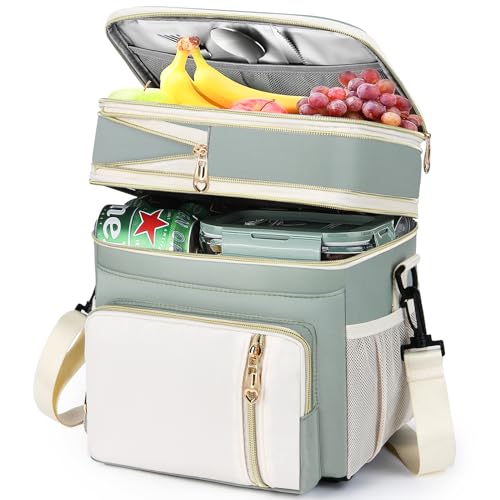 Lunch Box & Lunch Bag for Women Men, Expandable Large Insulated Adult Lunch Bag with Strap, Double Deck Leakproof Lunchbox Durable Cooler Bags for Work Picnic Beach,16L, Olive Green & White - color: Olive Green