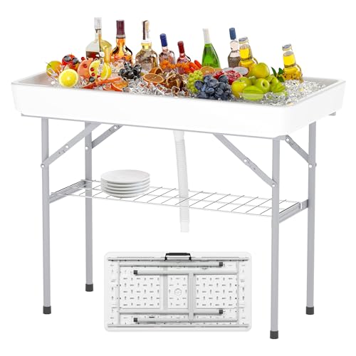 LHBcraft 4 Foot Ice Cooler Table with Matching Skirt & Drain Hose, with Iron Stand, Portable Patio Outdoor Chilling Table Portable Bar for Events for Party, Picnic, BBQ, Camping, White - color: 1 Tier-ivory