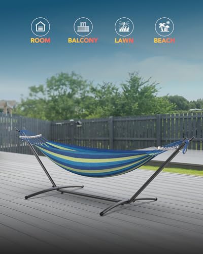 Everyfun Double Hammock with Space-Saving Steel Stand, 2 Person Heavy-Duty Hammock for Garden, Yard or Outdoor, 600lbs Capacity, Wide Blue - color: Wide Blue