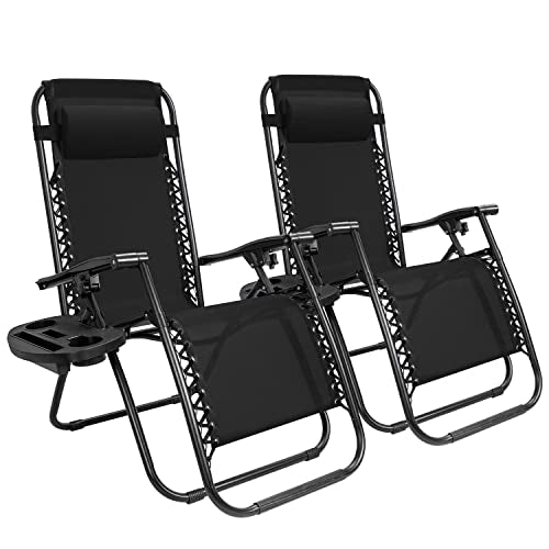 GUNJI Zero Gravity Chair Outdoor Lawn Folding Lounge Chairs Adjustable Reclining Patio Chairs Set of 2 with Cup Holder Lounge Gravity Chairs for Poolside, Backyard, Beach and Camping (Black) - color: Black