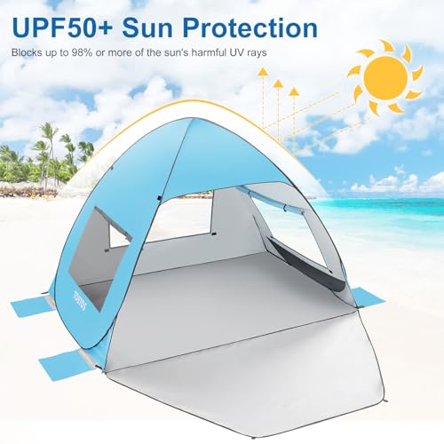 TOBTOS UPF 50+ Pop Up Beach Tent, Easy Set Up Beach Umbrella, Sun Shelter for 2-3 People UV Protection Portable Sunshade, Baby Canopy Cabana, Lightweight with Carry Bag - style: Blue for 2-3 Person