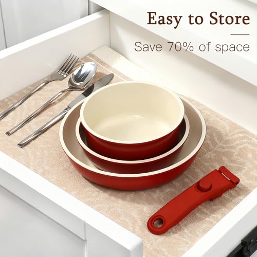 GIPP 11PCS Ceramic Pots and Pans Set Non Stick, Nonstick Cookware Set Detachable Handle, Red Black Gradien Pots and Pans Induction Kitchen Cooking Sets, RV Cookware Sets for All Stoves - color: Red and Black Gradient, size: 11PCS