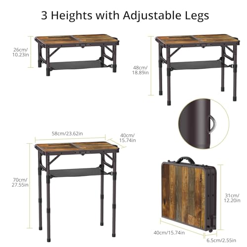 Anbte 2ft Camping Table Foldable with Storage Net, 3 Adjustable Heights 27.5" Aluminum Small Portable Table with Carrying Handle, for Outdoor Indoor Picnic Beach Party Travel, 24" X 16", Brown - color: Brown, size: 24"L x 16"W x 27.5H"