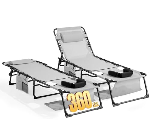 Face Down Chaise Lounge Chair Set of 2, 5-Position Adjustable Sunbathing, Foldable Tanning Chair with Face& Arm Holes, Outdoor Recliner Chair for Pool, Beach, Patio, Lawn (Gray, 2 Pcs) - color: Gray&hole