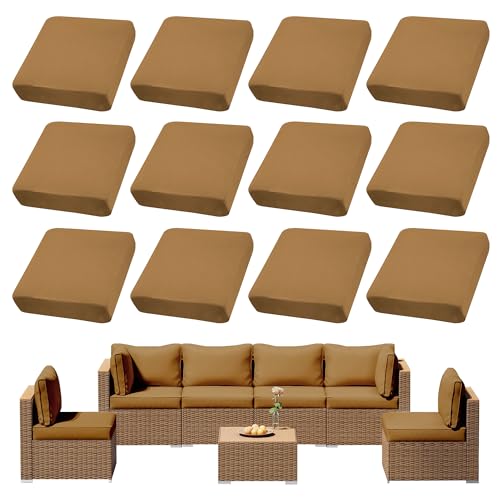 12Pcs Outdoor Cushion Covers, Patio Cushion Covers,Stretch Elastic Slipcovers, Replacement Washable & Reusable Furniture Protector for Patio Couch (Camel Color,Cover Only) - color: Camel Color, size: 12Pcs-Solid color