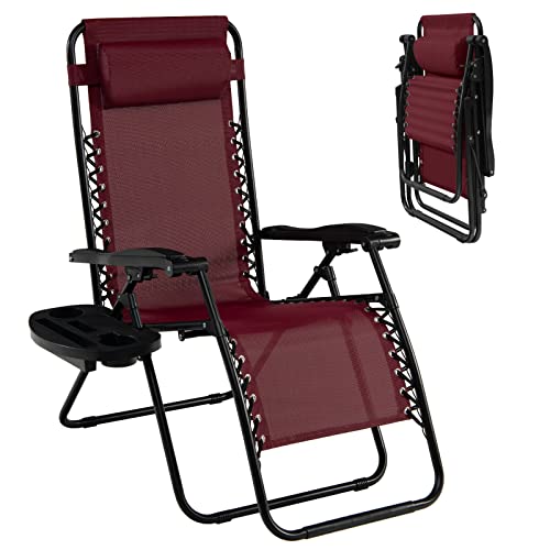 Goplus Zero Gravity Lounge Chairs, 160°Adjustable Folding Recliner w/Pillow and Cup Holder, 350LBS Comfy Outdoor Lounge Chairs for Patio, Lawn, Yard & Camp(1, Wine) - color: Wine, size: 35.4" x 25.2" x 43.3" (Set of 1)