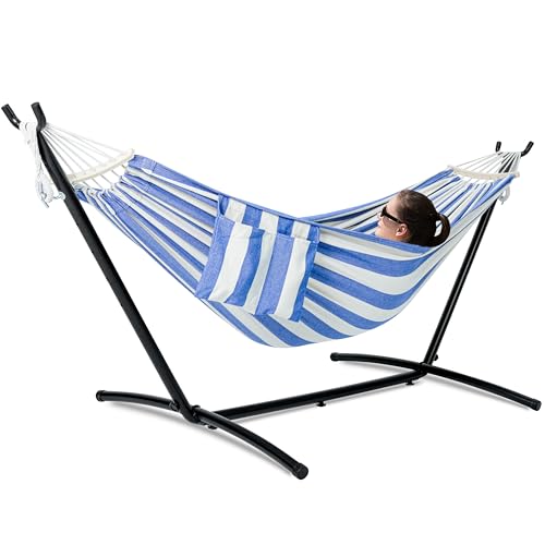 GAFETE Double Hammock with Stand for Outside, Upgraded Spreader Bar, Heavy Duty Space Saving Steel Stand 2 Person, Convenient Pockets, 600lbs Weight Capacity, Indoor & Outdoor (Blue & White) - color: Blue & White