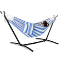 GAFETE Double Hammock with Stand for Outside, Upgraded Spreader Bar, Heavy Duty Space Saving Steel Stand 2 Person, Convenient Pockets, 600lbs Weight Capacity, Indoor & Outdoor (Blue & White) - color: Blue & White
