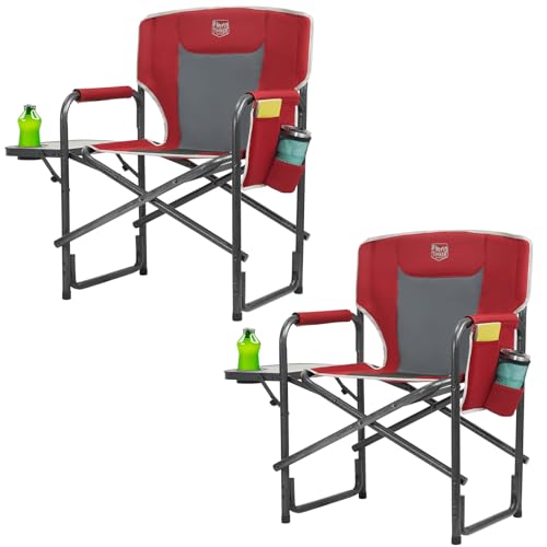 TIMBER RIDGE Lightweight Oversized Camping Chair, Aluminum Directors Chair with Side Table for Outdoor Camping, Lawn, Picnic and Fishing, Supports 400lbs, Red 2PCS - color: Red