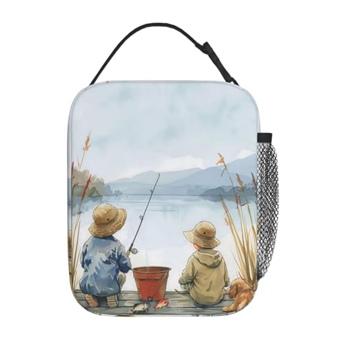 Reusable Fishing by the Lake Lunch Box for Kids Girls Boys Women Adult, Insulated Fun Lunch Bag,Polyester Cooler Handbags Case for School Picnic Work Travel Outdoor Beach or Hiking - color: Fishing 02