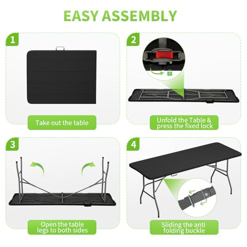 BestOffice 6 FT Picnic Table, Portable Plastic Folding Table with Carrying Handle Perfect for Picnics, Parties, Party and Camping, Black Wood Grain - color: Black Wood Grain, size: 6 FT 70"x28"