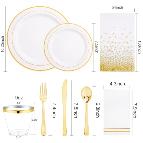 GATHER 176 Pieces Gold Dinnerware Disposable - White and Gold Plastic Plates Includes 50 Plates, 25 Plastic Silverware, 25 Napkins, 25 Cups and 1 Tablecloth for Wedding Party - color: Gold, size: 25 Guests