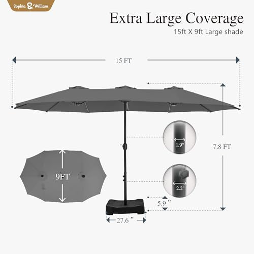 Sophia & William 15 ft Extra Large Patio Umbrella with Base Included, Rectangular Outdoor Umbrella Heavy Duty, Market Umbrella Double-sided Fade Resistant for Pool Garden Backyard, Smoky Gray - color: Smoky Gray