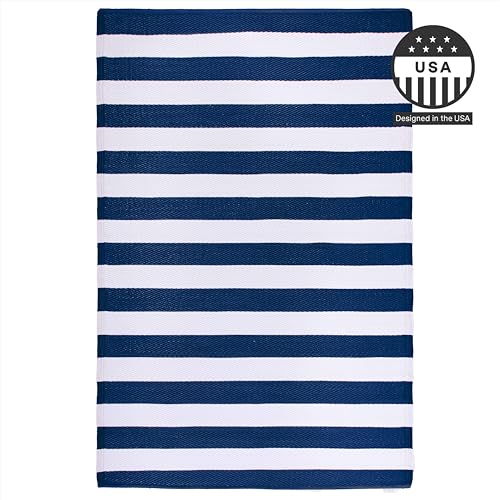 FH Home Outdoor Rug - Waterproof, Fade Resistant, Reversible - Premium Recycled Plastic - Striped - Porch, Deck, Balcony, Mudroom, Laundry Room, Patio - Brittany - Blue & White Crease Free - 3 x 5 ft - color: Brittany - Blue & White, size: 3' x 5' (Rectan