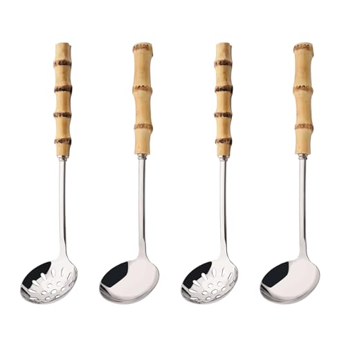 Soup Ladle and Slotted Spoon Set, 304 Stainless Steel Serving Utensils with Natural Bamboo Handle, Soup Spoons For Serving Gravy Hot Pot Or Restaurant, 10.2 Inch, 4 PCS / 2 of Each - color: 4-Piece Soup Ladle