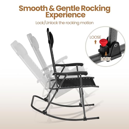 Yaheetech 26in Rocking Chair Outdoor Zero Gravity Folding Chairs Rocking Chairs Foldable Outdoor Reclining Lounge Chair for Outside Lawn with Cupholder/Pillow Ergonomic Design for Rest, Black - color: Black, size: 1 Pcs