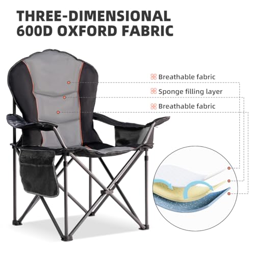Large Camping Chair with Side Table Heavy Duty 500LBS - Folding Outdoor Chair with Cooler Bag (Black & Gray, 1 PCS) - color: Black & Gray, size: 1 PCS