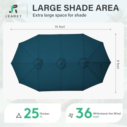 JEAREY 15ft Large Patio Umbrella with Base, Outdoor Rectangle Umbrella Double-Sided Market Umbrella with Stand for Pool, Deck, Backyard and Garden, Lake Blue - color: Lake Blue