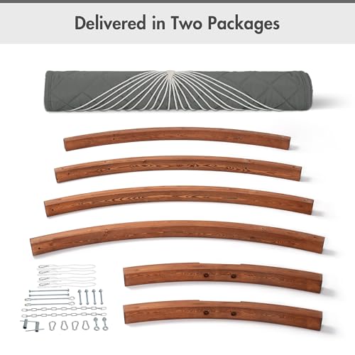 ANOW 13.5FT Curved Wood Stand with Portable Hammock, Heavy Duty Larch Wood Arc Stand with 2 Chains, 4 Balance Ropes and 4 Carabiners, Includes Gray Hammock with Spreader Bars - color: Gray-quilted