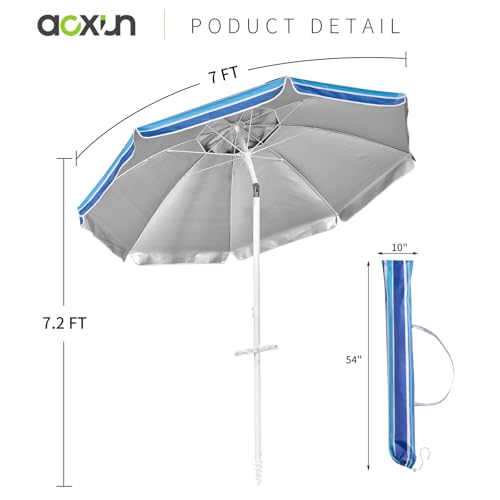 Aoxun Beach Umbrella with Tilt Pole, Portable Sand Anchor and Carry Bag, UPF 50+ Sun Shelter Air Vents Design for Outdoor (Navy Blue & White), 7ft - color: Stripe Blue, size: 7ft