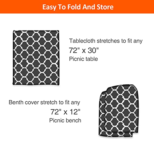 6ft Picnic Table and Bench Cover, Camping Essentials RV Gear, 72 in Waterproof Windproof Outdoor Elastic All Around Tablecloth, Fitted Rectangle Tables and Seats, Black-White Moroccan - color: Black-white Moroccan, size: 72"