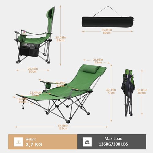 Reclining Camping Chair with Removable Footrest, Adjustable Camping Lounge Beach Chair with Padded Headrest, Cup Holder & Carry Bag, Camp Chair with Foot Rest Lawn Chair for Outdoor Patio,Green - color: Green