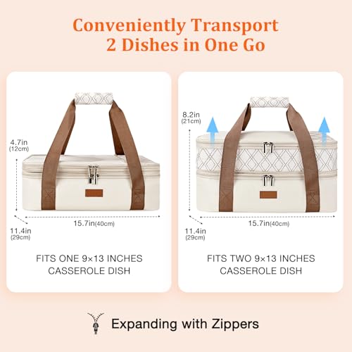 Expandable Casserole Carrier Bag - Double Decker Food Bag, Insulated Casserole Carrier for Hot or Cold Food, Lasagna Holder Tote for Picnics,Beaches,Traveling or Gifts - color: Beige
