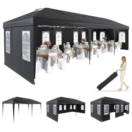EROMMY 10x30 Heavy Duty Pop Up Canopy Tent with 8 Removable Sidewalls, Waterproof UV50+ Gazebo with Mosquito Netting, Easy Setup Instant Shelter for Backyard, Party, Wedding & Commercial Use, Black - color: Black, size: 10’x 30’