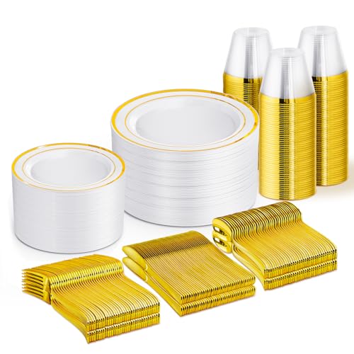 WELLIFE 450 PCS Gold Disposable Dinnerware Set for 75 Guests, 75 Each-Dinner & Salad Plates,Cups, Forks, Knives, Spoons for Wedding and Party Supplies - color: Gold, size: 75 Guests