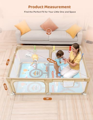 Dripex Baby Playpen with Mat, 71"x47" Play Pen for Toddlers 1-3 Years, Soft Breathable Visible Mesh, Indoor/Outdoor Portable Play Yard with Mat, Safe Baby Fence Play Area, Beige - color: Beige, size: 71"×47" with Mat