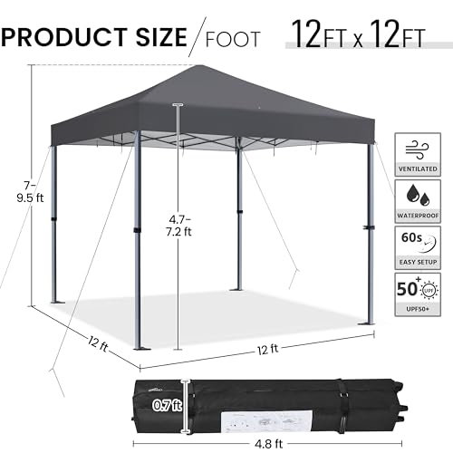 Yaheetech 12x12 Pop Up Canopy Easy Set-up Tent, Portable Outdoor Canopy Instant Tent, Commercial Gazebo with Wheeled Carry Bag & 4 Sandbags for Home, Party & Outdoor Activities, Dark Gray - color: Dark Gray, size: 12x12