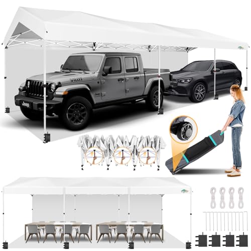 COBIZI Carport 10x30 Pop Up Canopy Car Tent with One Push Center Lock, Outdoor Portable Garage Tents for Parties UPF50+ Waterproof All-Season Car Canopy with Wheeled Bag,3 Sidewalls, Adjustable Height - color: White, size: 10x30 FT