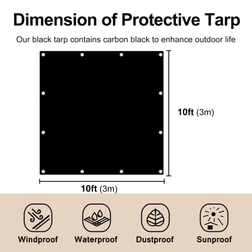UCINNOVATE Black Tarps Heavy Duty Waterproof 10x10 ft Blackout Tarp Waterproof Cover, 14Mil Druable Black Poly Tarps with Grommets, UV Resistant Heavy Duty Tarp for Outdoor Roof Rain Wind Protection - size: 10x10 FT 14Mil Thick