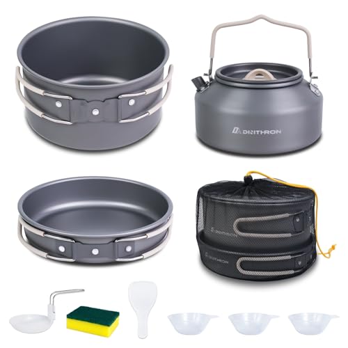 DA DINITHRON 10-Piece Camping Cookware Set, Lightweight Hard-Anodized Aluminum Pots and Pans with 1.1L Kettle, Non-Stick & Compact Nesting Design for Backpacking and Hiking (650g)