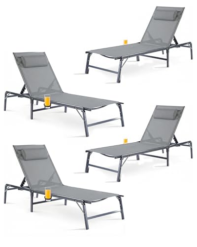 4 Pack Foldable Chaise Lounge Chair with Cup Holder, Assemble-Free Outdoor Lounge Chair with Detachable Pillow and 6 Adjustable Backrest, Patio Lounge Chair for Outside Poolside Beach Pool, Grey - color: Grey, size: 4-Pack