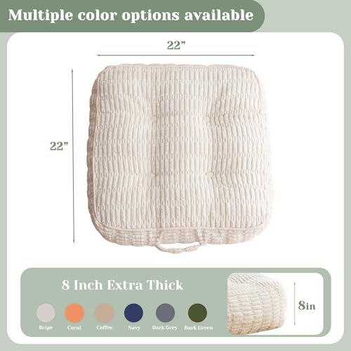 8" Washable Floor Pillow Cushion for Adults, Meditation Cushion Pillow, Removable Tufted Blended Corduroy Cover, Large Square Floor Sitting for Tatami Living Room or Yoga, 22x22 Inch, Machine Washable - color: Square Beige, size: 8" Thick(Pack of 1)