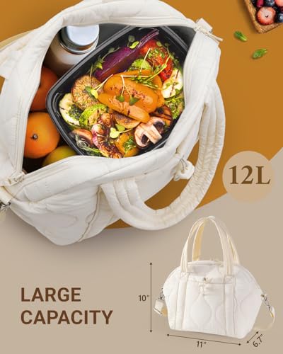 WONDAY Insulated Lunch Bags for Women, 12L Puffy Lunch Tote with Shoulder Strap, Waterproof, Leakproof, Reusable, Keeps Food Fresh, Perfect for Work, Travel, Picnic - color: Cream