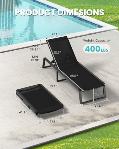 Aluminum Chaise Lounge Chair Outdoor, Foldable& No Assembly Patio Pool Lounge Chairs 5-Position Recliner for Outside, Fully Grounded Legs Sun Lounger for Poolside, Black, 2 Pack - color: Black, size: 2
