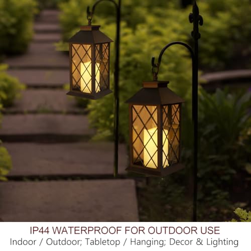 2-Pack 13.5" Candle Lanterns Outdoor Waterproof Decorative Lights with Timer Remote - Decorative Indoor LED Lanterns Battery Operated - Cool White Vintage Lantern Outdoor - color: 2-Pack: BLACK - TWO Flicker Options By Remote