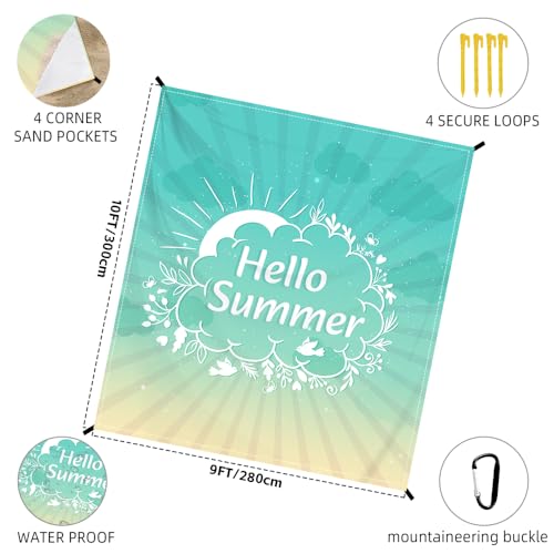 Beach Blanket Waterproof Sandproof Oversized Extra 110" * 118"/ 9 * 10 Ft Sand Free Beach Mat with Stakes, Storage Bag - Essentials for Outdoor Beach, Picnic,Quick Drying Durable - color: Hellosummel, size: 9x10 FT (1～8 Person)