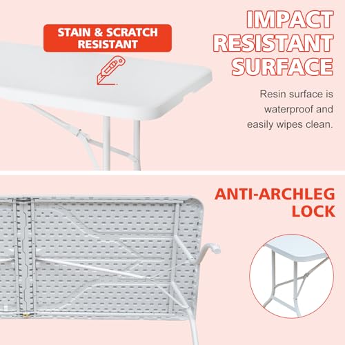 Portable 8Ft Folding Table, Heavy Duty Plastic Fold-in-Half Utility Foldable Dining Table, Multi-Purpose Plastic Folding Table with Carrying Handle for Camping and Party Indoor/Outdoor (White) - color: White, size: 8Ft
