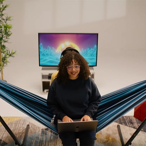 Vivere Double Cotton Hammock with Space Saving Steel Stand, Upgraded Polyester End Strings 450 lb Capacity - Premium Carry Bag Included - USA Grown Cotton (Blue Lagoon) - color: Blue Lagoon