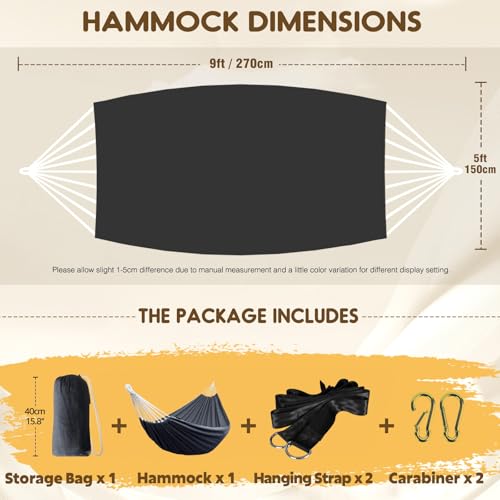 ANYOO Cotton Hammock Portable Camping Hammocks for Hanging Sturdy Garden Comfortable Fabric Hammock with Tree Straps Up to 660lbs with Travel Bag for Camping Outdoor/Indoor Patio Backyard - color: Dark Grey