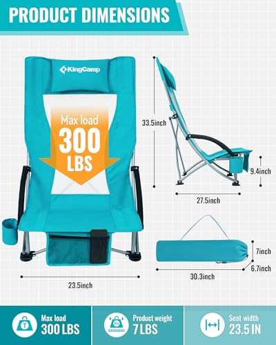 KingCamp Low Beach Chair, High Back Folding Camping Chair for Adults, Oversized Breathable Mesh Seat, 300lbs Heavy Duty Portable Chair with Cup Holder & Storage Pockets for Beach, Outdoor - color: Ergobreeze-cyan-2 Pack