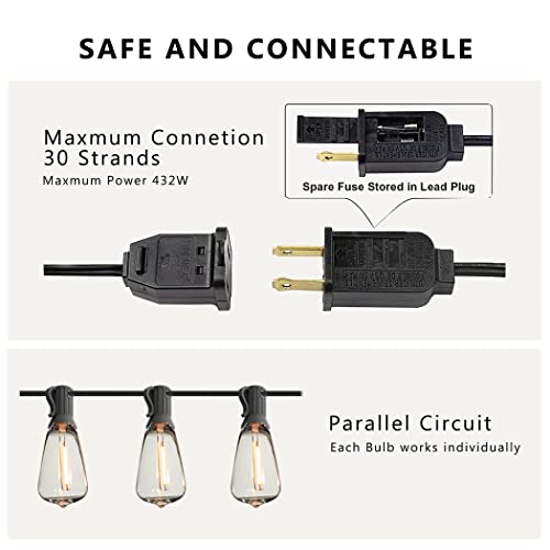 DAMAING Outdoor String Lights 50 FT Waterproof Patio Light String Lights with 27 ST38 Vintage Shatterproof LED Edison Bulbs,Retro Connectable Bistro Lights for Backyard Gazebo Balcony. - color: Black, size: 50 Feet