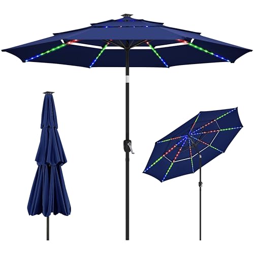 Yaheetech 10ft 3-Tier Solar Patio Umbrella, Outdoor Market Umbrella w/ 24 LED Lights, 8 Sturdy Ribs, Tilt Adjustment, Easy Crank for Garden, Deck, Navy Blue - color: Navy Blue