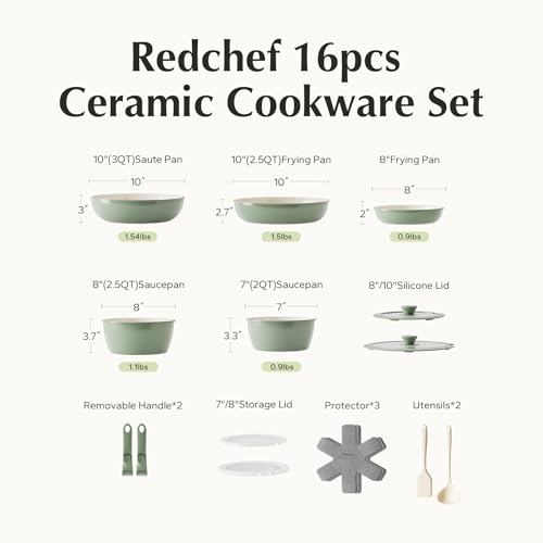 Redchef 16pcs Ceramic Pots and Pans Set Non Stick, Nonstick Ceramic Cookware Set with Detachable Handle, Non Toxic, PFAS PFOA & PTFE Free RV Cookware for Camping, Dishwasher/Oven Safe (Green) - size: 16 pcs Green